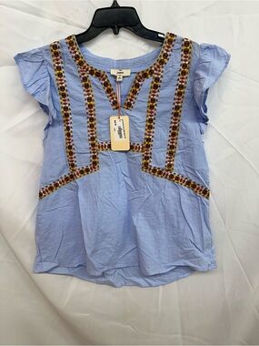 entro Light Blue Embroidered V-Neck Flutter Sleeve Top